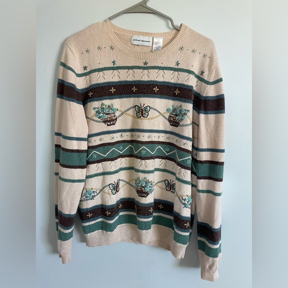 Alfred Dunner Nature themed Sweater with Cream and Green Stripes - Picture 1 of 4